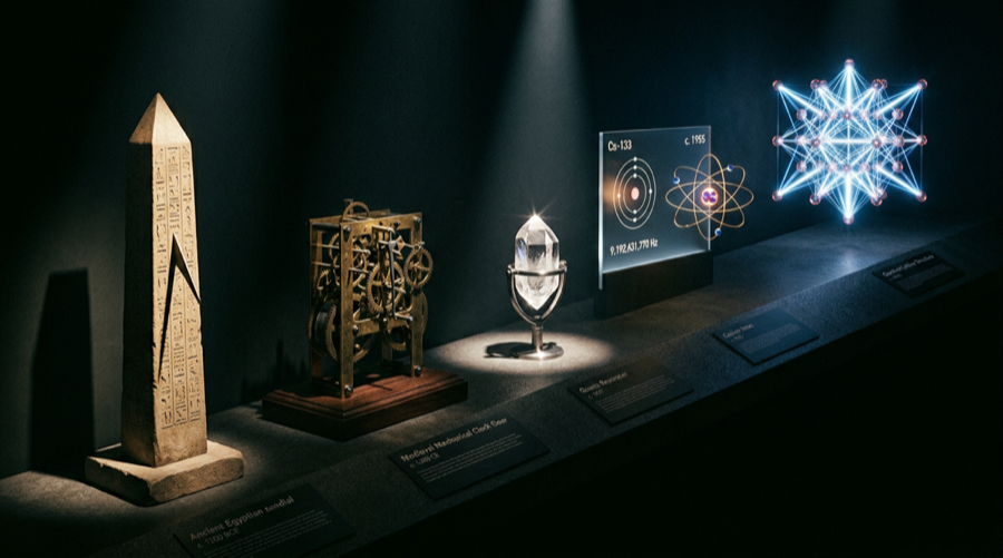 Museum exhibition showing the evolution of timekeeping from Egyptian obelisk to mechanical clock to quartz crystal to atomic model to quantum lattice