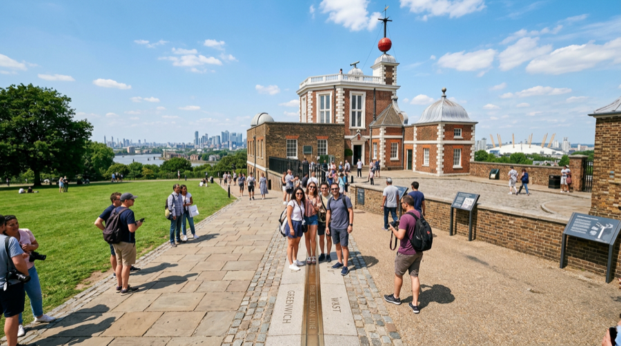 Royal Observatory Greenwich dengan garis Meridian Utama dan bola waktu merah di atapnya
