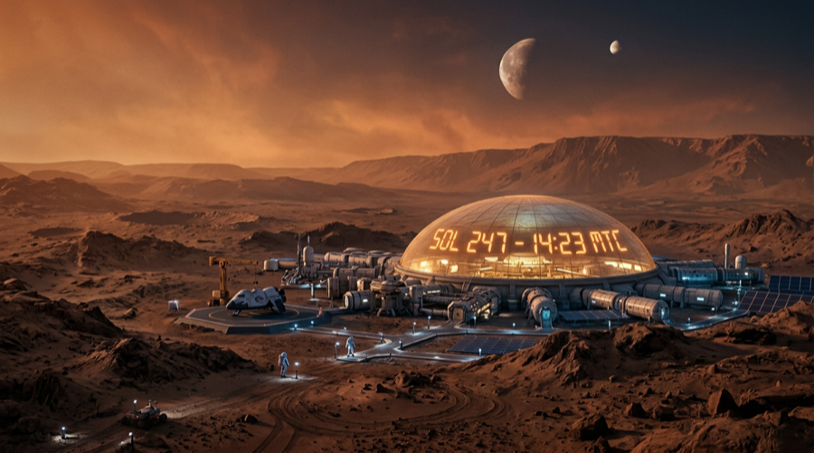 Futuristic Mars colony with a dome habitat displaying Sol time under an orange sky with two moons