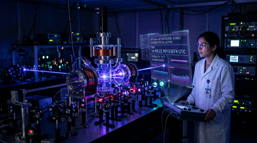 Scientist in a laboratory working with an optical lattice atomic clock with blue and purple laser beams and holographic displays