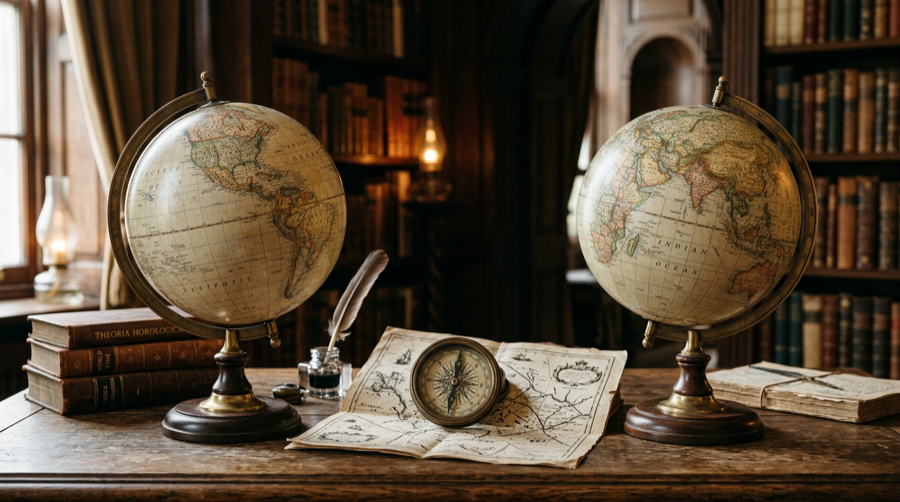Two antique globes on a desk with a compass and old navigation maps representing global time conversion
