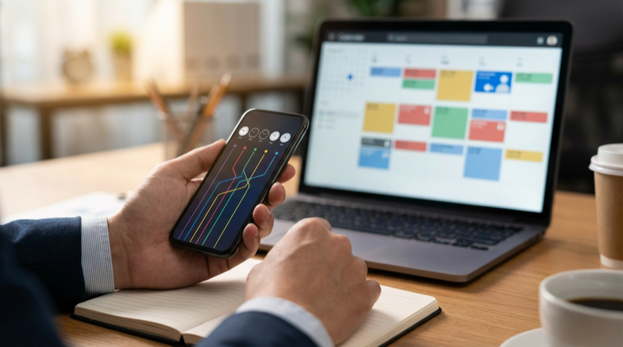 Professional using a smartphone time zone converter app alongside a laptop with a calendar