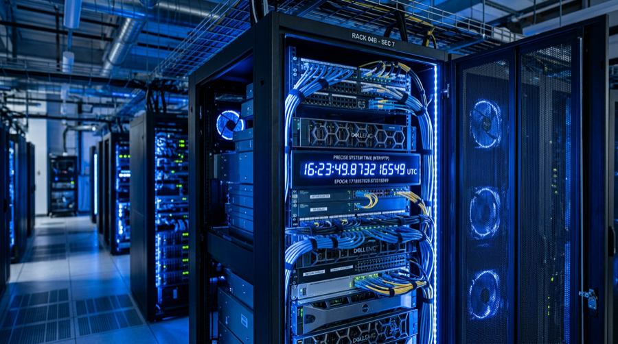 Ruang server pusat data modern dengan lampu biru dan tampilan waktu jam atom digital