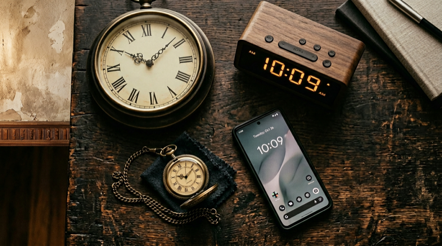 Multiple timepieces showing the current time including a wall clock, digital alarm clock, smartphone, and pocket watch