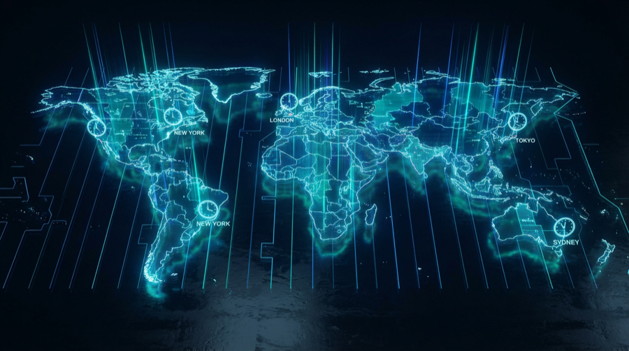 Digital world map showing time zones with glowing lines and clock icons marking major cities